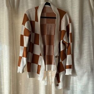 Brown and Cream Checkered Women's Cardigan